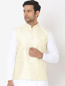 SALWAR STUDIO Men Beige Woven-Design Embroidered Nehru Jacket