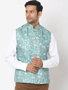 SALWAR STUDIO Men Blue & White Woven Design Nehru Jackets