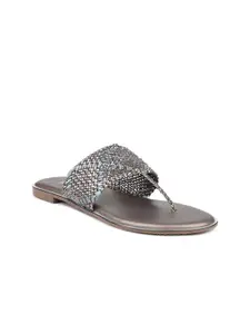 Inc 5 Women Gun Metal Embellished Open Toe Flats