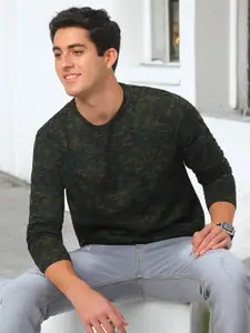 Urbano Fashion Men Olive Green Camouflage Printed Pure Cotton Slim Fit T-shirt