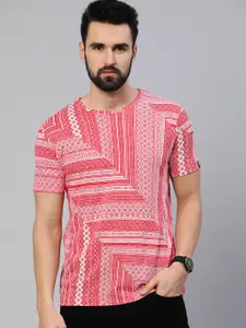 Urbano Fashion Men White & Red Tribal Printed Pure Cotton Slim Fit T-shirt