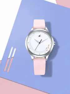 Fastrack Women women's White Brass Dial & Pink Leather Straps Analogue Watch