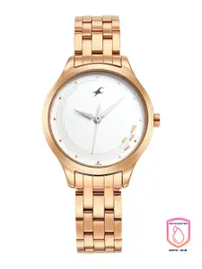 Fastrack Women White Brass Dial & Gold-Plated Stainless Steel Bracelet Style Straps Analogue Watch