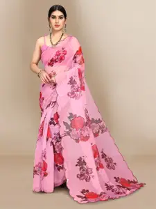 VAIRAGEE Pink & Red Floral Sequinned Organza Saree With Unstitched  Blouse Piece