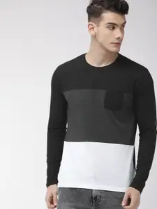 HIGHLANDER Men Black  White Slim Fit Colourblocked Round Neck Pure Cotton T-shirt
