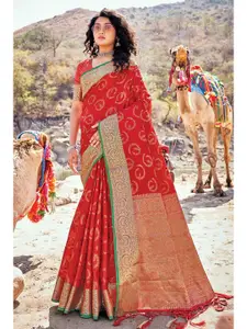 KARAGIRI Red & Gold-Toned Woven Design Zari Silk Blend Banarasi Saree