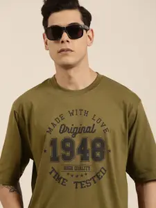 DILLINGER Men Olive Green Typography Printed Pure Cotton Oversized  T-shirt