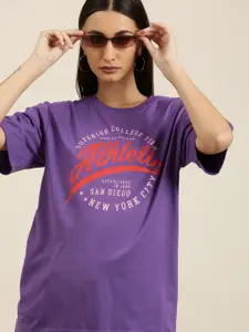 DILLINGER Women Purple Typography Printed Pure Cotton Oversized  T-shirt
