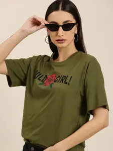DILLINGER Women Olive Green Typography Printed Pure Cotton Oversized  T-shirt