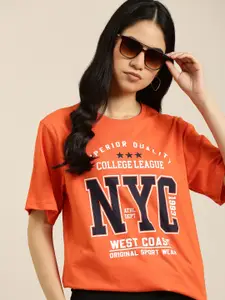 DILLINGER Women Orange & Black Pure Cotton Printed Oversized T-shirt
