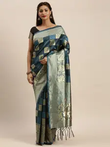 KALINI Women Blue & Gold-Toned Woven Design Zari Silk Blend Banarasi Saree