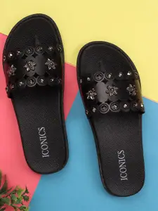 ICONICS Women Black Embellished Sliders