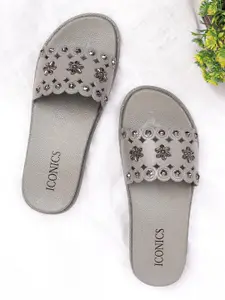 ICONICS Women Grey Embellished Sliders