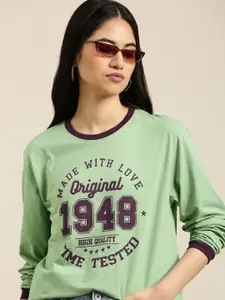 DILLINGER Women Green & Black Pure Cotton Typography Printed Oversized  T-shirt