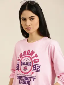 DILLINGER Women Pink & Purple Pure Cotton Printed Oversized  T-shirt