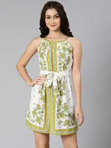 Oxolloxo Green & White Floral Fit & Flare Dress