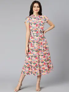 Oxolloxo Pink Floral Crepe A-Line Midi Dress