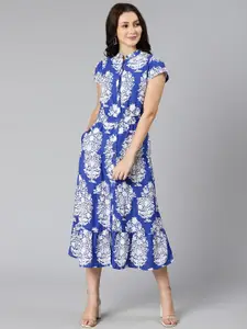 Oxolloxo Blue Ethnic Motifs Crepe Midi Dress