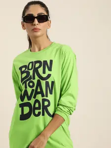 DILLINGER Women Green & Black Typography Printed Pure Cotton Oversized  T-shirt