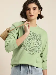 DILLINGER Women Green & Black Printed Pure Cotton Loose T-shirt