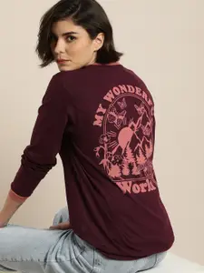 DILLINGER Women Maroon & Peach-Coloured Typography Printed Pure Cotton Loose T-shirt