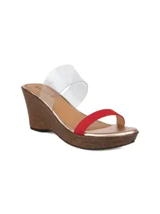 SOLES Women Red & Transparent Colourblocked Wedge Sandals