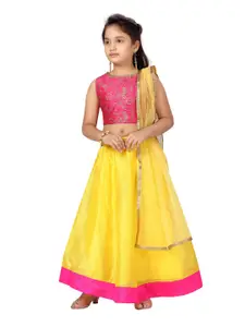 Aarika Girls Pink & Yellow Printed Ready to Wear Lehenga &