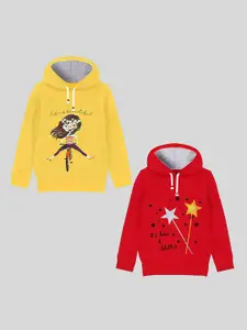 KUCHIPOO Girls Red & Yellow Pack of 2 Printed Hooded Sweatshirt
