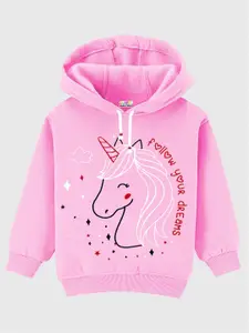KUCHIPOO Girls Pink Printed Winterwear Girls Hoodies