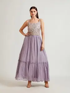 Neerus Purple Georgette Ethnic Maxi Dress