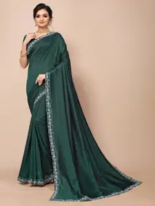Mitera Women Green & Silver-Toned Embroidered Saree With Unstitched Blouse Piece