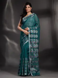 Arhi Teal & Silver-Toned Woven Design Zari Saree