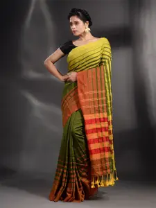 Arhi Green & Mustard Striped Pure Cotton Saree