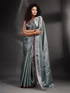 Arhi Silver-Toned & Red Woven Design Zari Tissue Saree