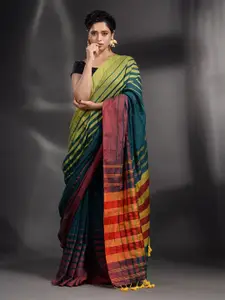 Arhi Teal Blue & Mustard Yellow Striped Pure Cotton Saree