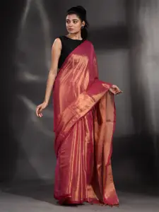Arhi Red & Gold-Toned Woven Design Zari Tissue Saree