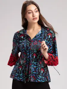 SHAYE Black Floral Print Mandarin Collar Shirt Style Top