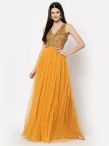 Just Wow Yellow Embellished With Beads Design Net Maxi Dress