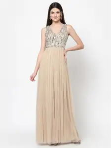 Just Wow Cream-Coloured Embellished  Beads Design Net Maxi Dress