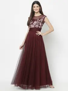 Just Wow Burgundy Embellished Net Maxi Dress
