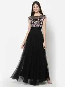 Just Wow Black Embellished Net Maxi Dress