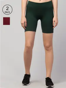 Apraa & Parma Women Pack of 2 Green and marron solid Slim Fit Cycling Sports Shorts
