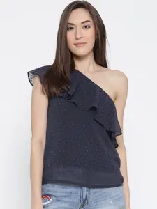 Sera Women Navy Self-Design One-Shoulder Top