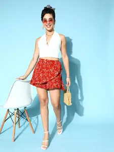 Berrylush   Rust Floral Ruffled Skirt