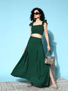 Berrylush Women Green Solid Top with Skirt