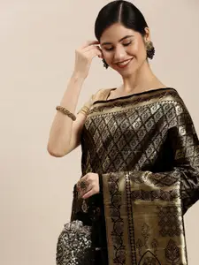 Hinayat Fashion Black Ethnic Motifs Zari Silk Blend Banarasi Saree