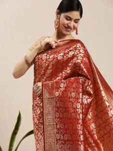 Hinayat Fashion Red Ethnic Motifs Zari Silk Blend Banarasi Saree