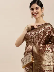 Hinayat Fashion Maroon & Golden Woven Design Zari Saree