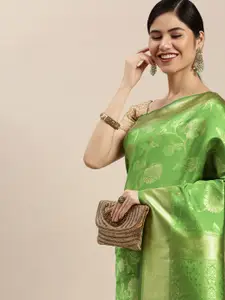 Hinayat Fashion Lime Green & Golden Woven Design Zari Saree