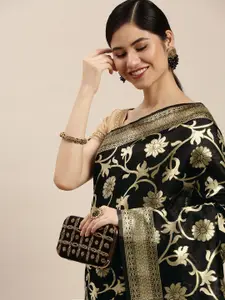 Hinayat Fashion Black & Golden Woven Design Zari Saree